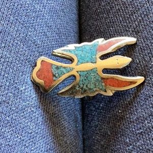 Ring genuine PEYOTE BIRD Not Sterling silver.  Turquoise and Red Coral chip